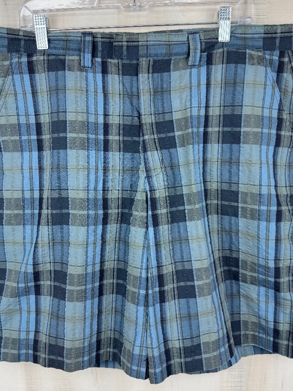 Patagonia Men’s Seersucker Shorts Blue Gray Plaid Lightweight Organic Cotton 36
